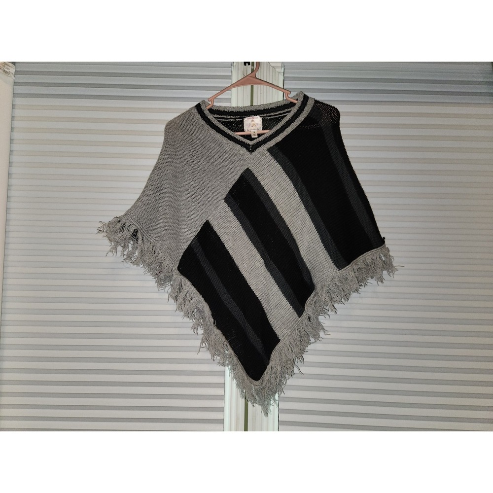 Roommates black and gray striped poncho with fringe, size S
